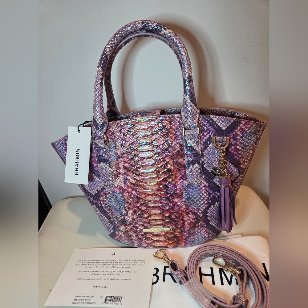 NWT Brahmin Jenny Dewberry Ametrine Snakeskin Dustbag Purple Pink Iridescent
